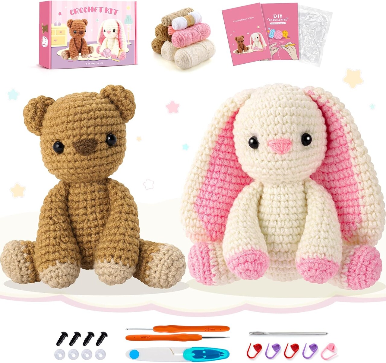 Crochet Kit for Beginners, Bunny and Bear Crochet Animal Kit with Step-by-Step Video Tutorials, Crocheting Kit for Starters, Beginner Crochet Kit